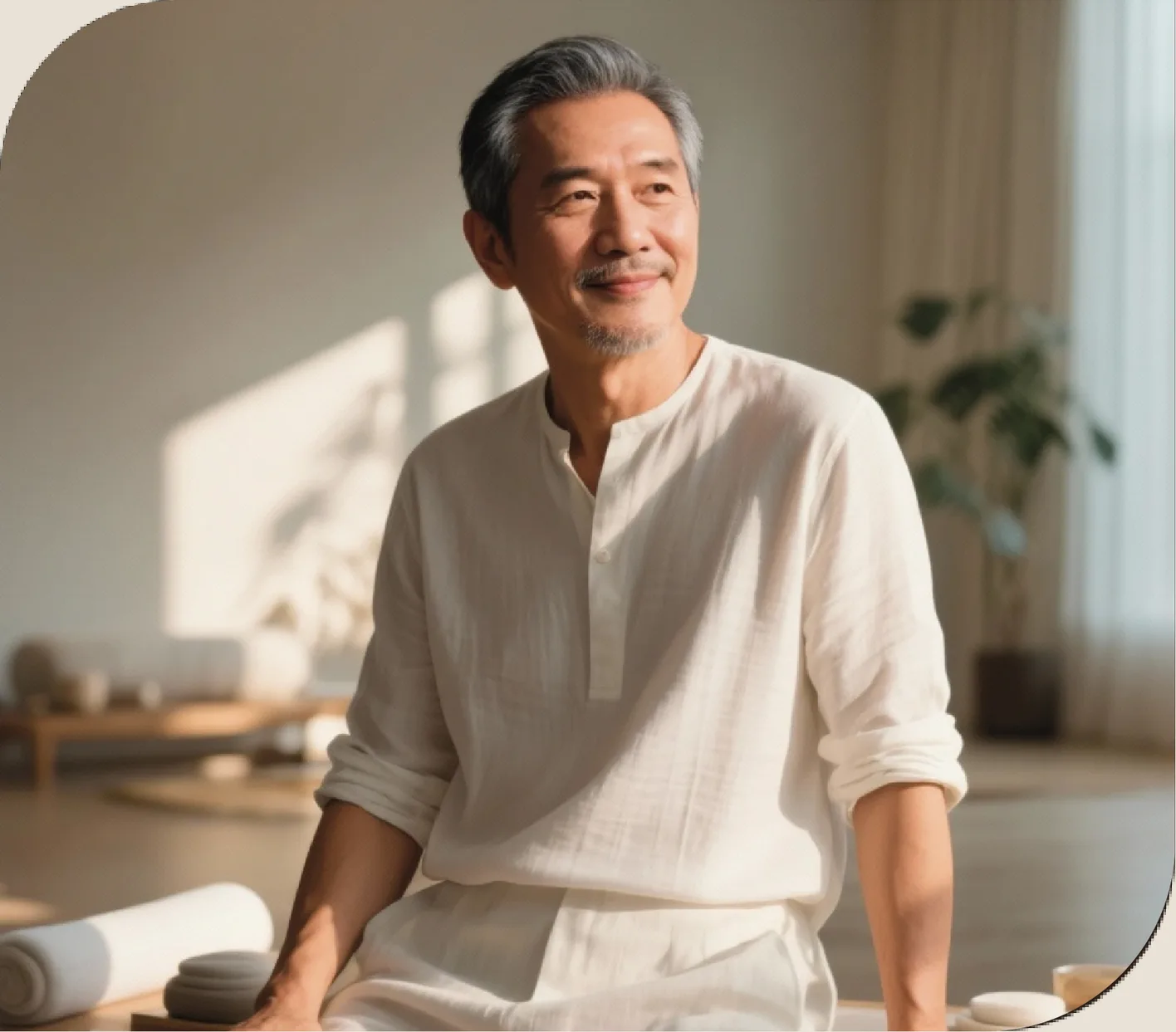 A serene, mature man smiling in warm natural light